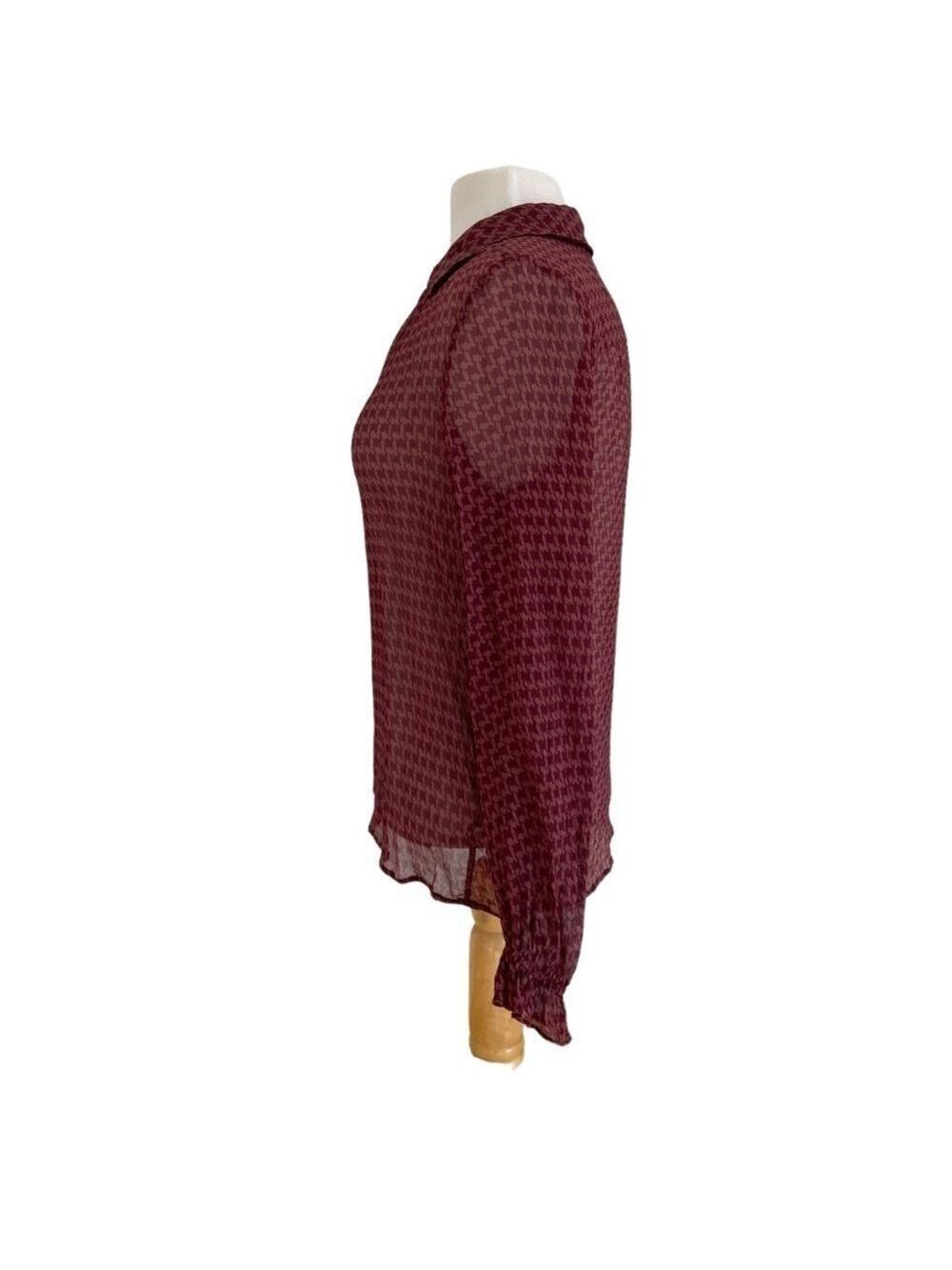 Paige Brea 100% Silk Burgundy Red Houndstooth Blouse Sheer Small houndstooth - Picture 7 of 15